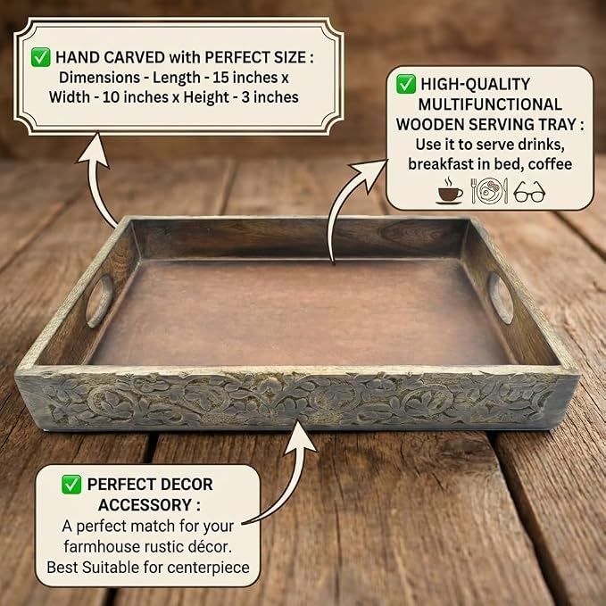 STORE INDYA Hand Crafted Vintage Wooden Rectangular Serving Tray with Handle for Breakfast, Tea, Coffee Table | Unique Gifts, Home Decor | 15 x 10 Inches