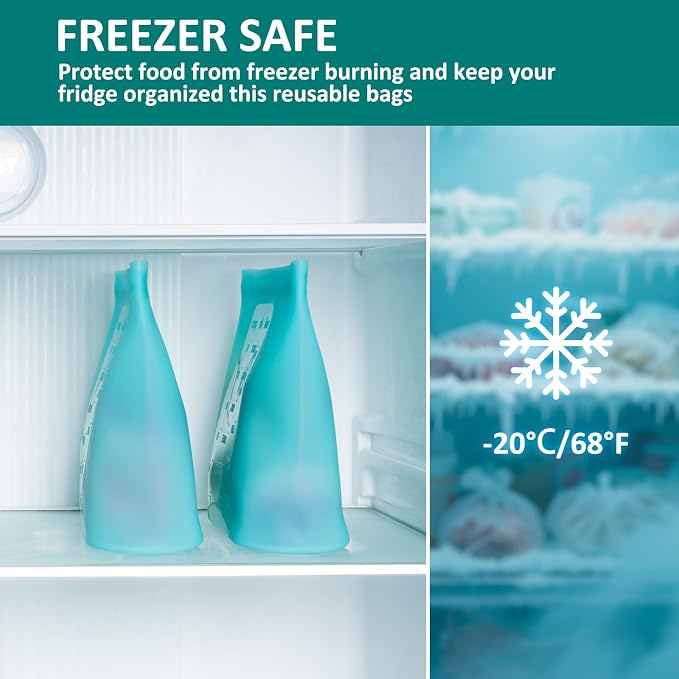 Extra Large Reusable Silicone Food Storage Bags 4 Pack, 0.8 Gallon/3000ml, 100% Silicone Stand-Up Wide-Open Zip-Lock Reusable Bags for Large Items, Microwave Freezer Oven Dishwasher Safe, Aqua