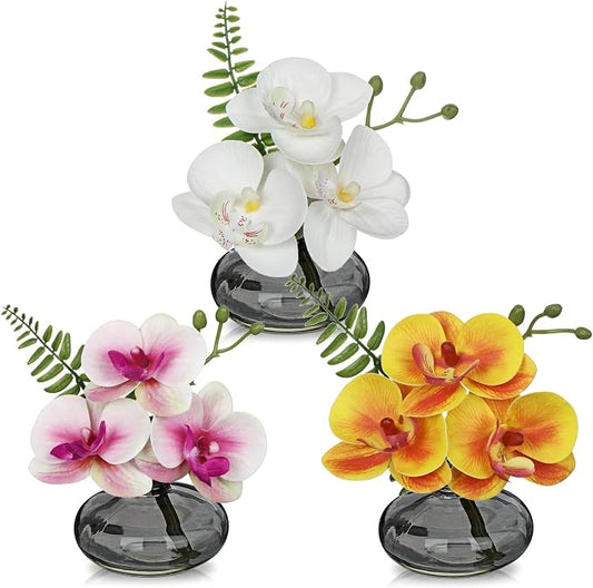 Orchids Artificial Flowers Faux Orchids Arrangement in Black Glass Vases | Set of 3 Real Touch Phalaenopsis Orchid Flowers Small Fake Orchid Centerpiece for Dining Room Table