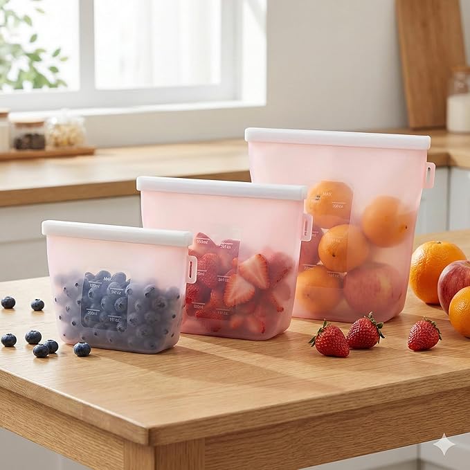 Zyra Reusable Silicone Food Storage Bag Set – 3 Sizes (500ml, 1000ml, 1500ml) – Leakproof, Foldable, Microwave & Freezer Safe, BPA-Free, Dishwasher Safe, Eco-Friendly Meal Prep. (Water Pink)