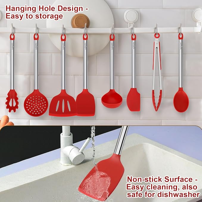 Vayvnt Silicone Utensils Set for Cooking, 8 Pieces for Non Stick Pan, Red | Dishwasher Safe Kitchen Cooking Utensils, Spoons and Tongs, Non-toxic, Plastic-free, Kitchen Essentials for Cooking & Baking