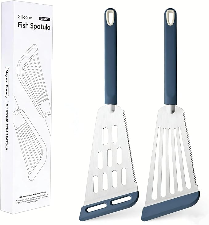 Silicone Fish Spatula Turner Set of 2,2-in-1 Heat Resistant Silicone Slotted Fish Spatulas for Nonstick Cookware,Flexible Thin Stainless Steel Slotted Fish Turner Spatula Flipper for Fish,Egg,Pancake