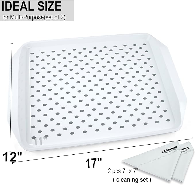 KAQAHIDO Large Non Slip Serving Tray with Grippy Dots, TV Lap Trays for Eating on Couch, Meal Serve for Dinner Breakfast, Rectangular Food Carrying for Plates, Glasses, Dishes, Set of 2, White