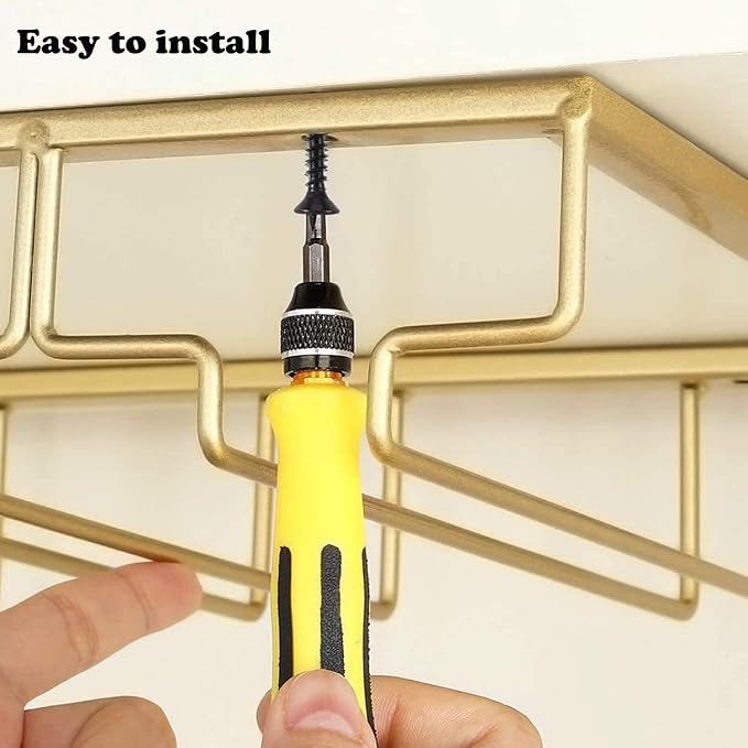 Wine Glass Rack, Under Cabinet Stemware Wine Glass Holder, Wine Glasses Storage Hanger Metal Organizer for Cabinet Kitchen Bar (Gold, 3 Rows 1 Pack)