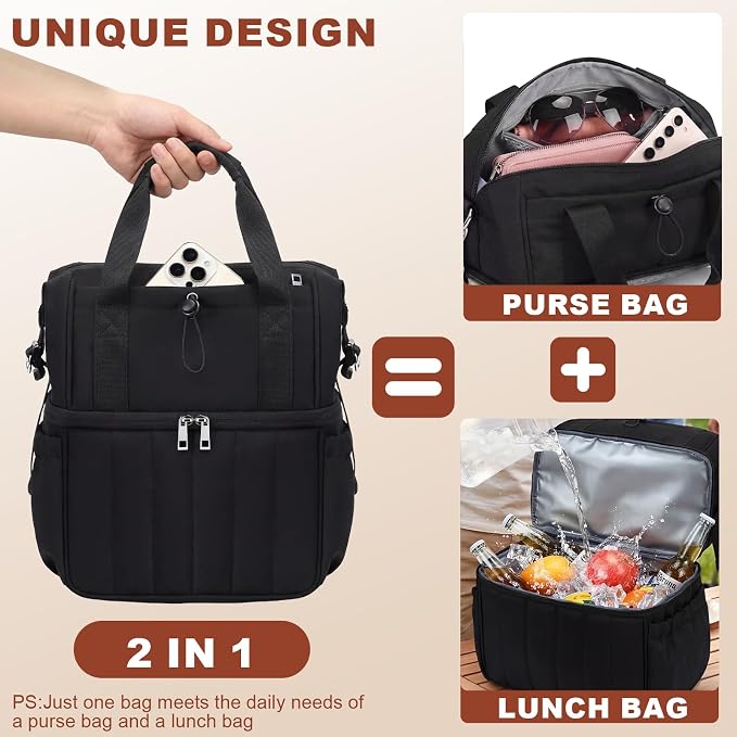 LOIDOU Lunch Bag for Women Men, Double Layer Leakproof Lunch Box, Insulated Quilted Reusable Tote Bags Large Capacity Work Lunchbox for Adult, Office, Nurse, Teacher