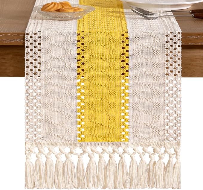 Socomi Boho Table Runner Summer Farmhouse Rustic Dining Kitchen Centerpiece Decor Small Macrame Woven Cotton Coffee Table Runner for Dresser Scarf Home Decor 12x72 in Yellow Gold Ivory
