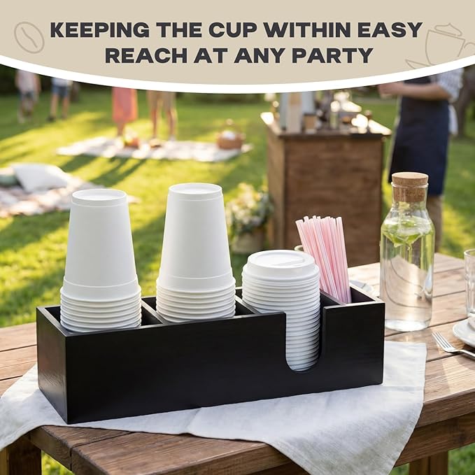 Novabright 4 Compartments Coffee Cup Holder for Countertop Cup Lid and Straw Dispenser Coffee Station Organizer Bar Accessories for Breakroom Restaurant, 15.3 x 4.7 x 4(Black,Pine Wood)