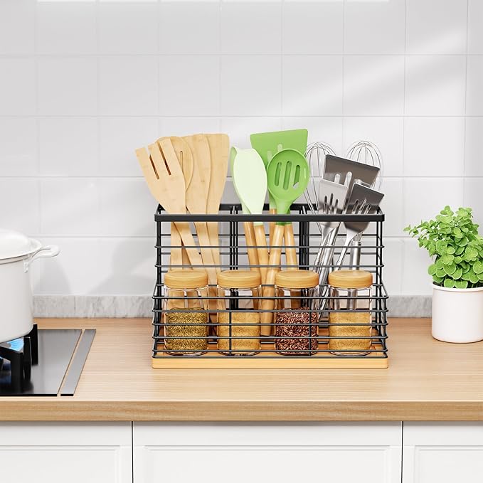 VITVITI Kitchen Utensil Holder for Counter, Large 4 Compartments Metal Bamboo Utensil Organizer, Farmhouse Cooking Utensils Holder Caddy for Countertop, Black