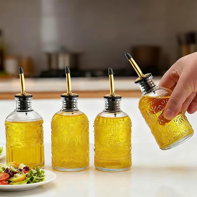 4 Pcs Olive Oil Dispenser Bottle for Kitchen with Metal Spout, 8.5oz Clear Glass Oil and Vinegar Dispenser Set, Elegant Cooking Dispenser for Kitchen Juice Coffee Syrup Honey Syrup (Small Round)