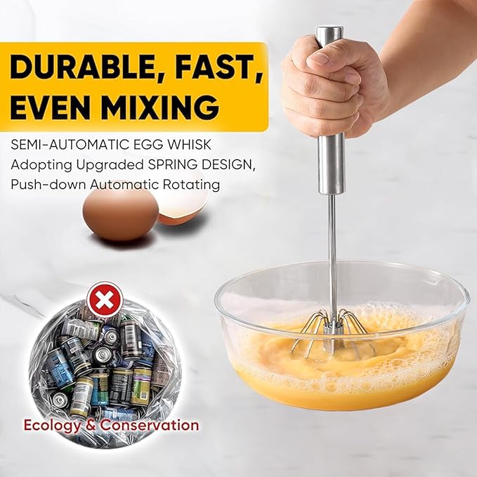 12 Inch Stainless Steel Egg Whisk - Hand Push Rotary Whisk Blender - Versatile Milk Frother, Hand Push Mixer Stirrer for Beating & Stirring, Whisking, Blending