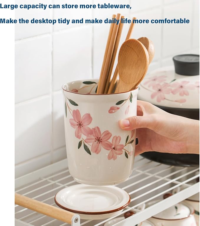 Dxcaicc Large Capacity Utensil Holder for Kitchen Counter, Ceramic Cooking Utensil Holder, Multiple Drain Holes Chopstick Holder with Drain Tray