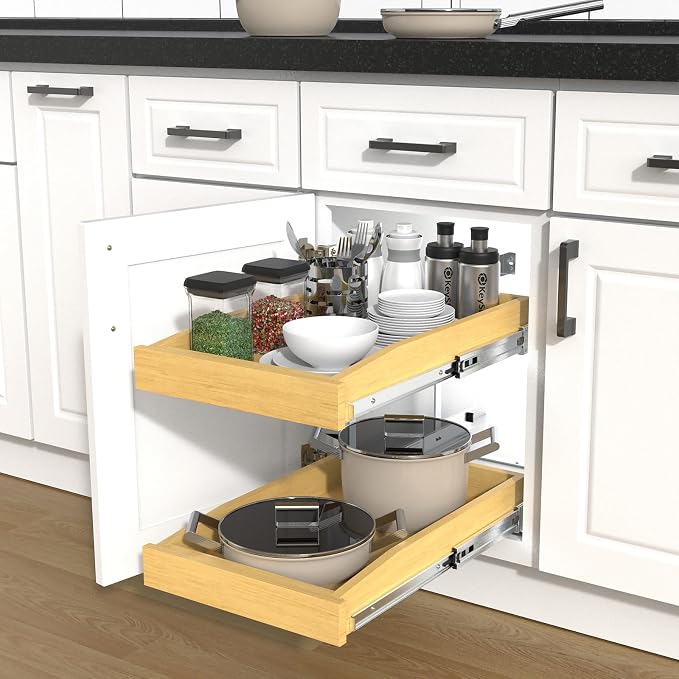 2 Tier Pull Out Cabinet Organizer, 23"W x 21"D Solid Wood Heavy-Duty Base Bottom Assembly Slide out Drawer Shel Cabinet Organization for Kitchen, Pantry, Bathroom