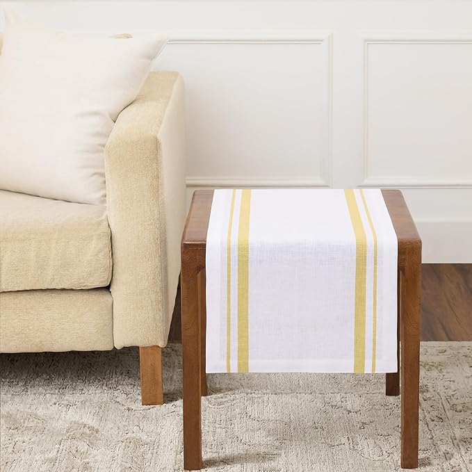 Solino Home Linen Table Runner 36 Inches - French Stripe, 100% Pure Linen Yellow and White Farmhouse Table Runner 14 x 36 Inch Ideal for Dresser and Coffee Tables, Spring, Summer