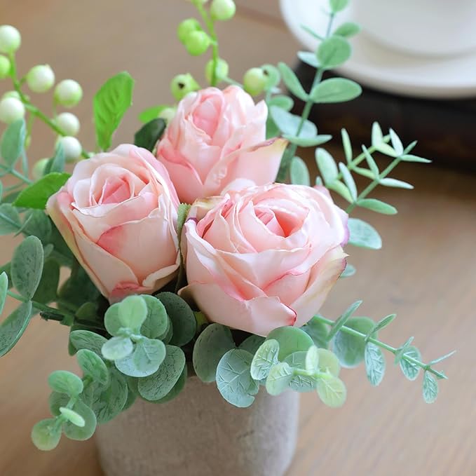 Small Artificial Burnt Pink Rose Potted Plant, 6" Fake Silk Flowers in 3" Cylindrical Pot, Mini Faux Floral Arrangement for Desk Shelf Bathroom Decor
