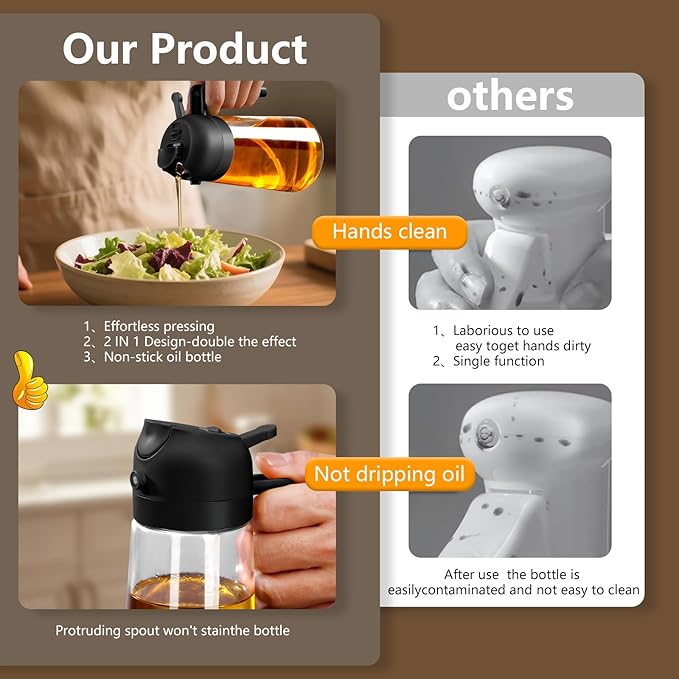 SWEET VIEW Olive Oil Sprayer for Cooking, 16oz/470ml Glass Oil Dispenser/Pour Bottle, Kitchen Accessories, Kitchen Gadgets for Air Fryer, Salad, BBQ, with Stickers (Black)