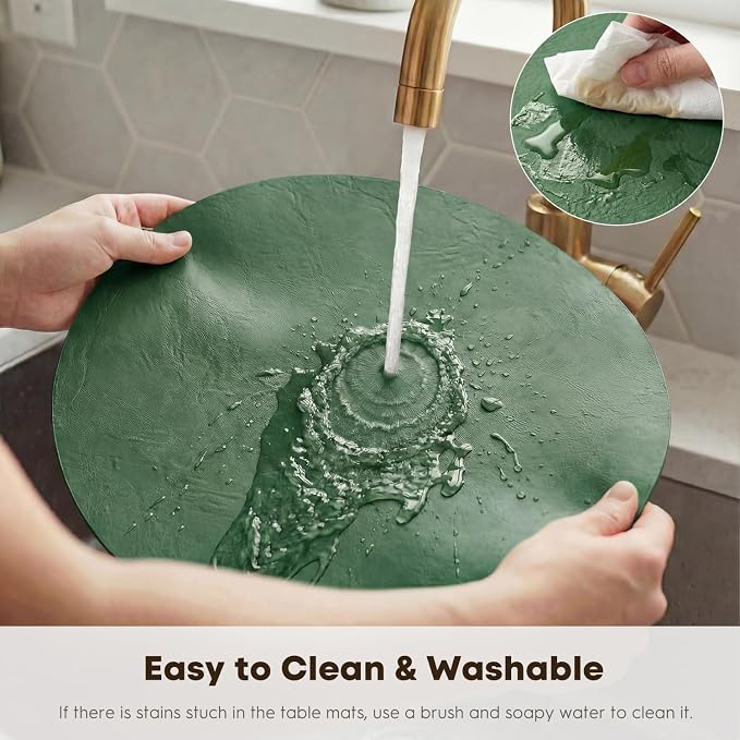 Artoid Mode Green Faux Leather Placemats Set of 4, 15 Inch Waterproof Wipeable Heat Resistant Vinyl Place Mats, Reversible Table Mats for St. Patrick's Day Dining Decor
