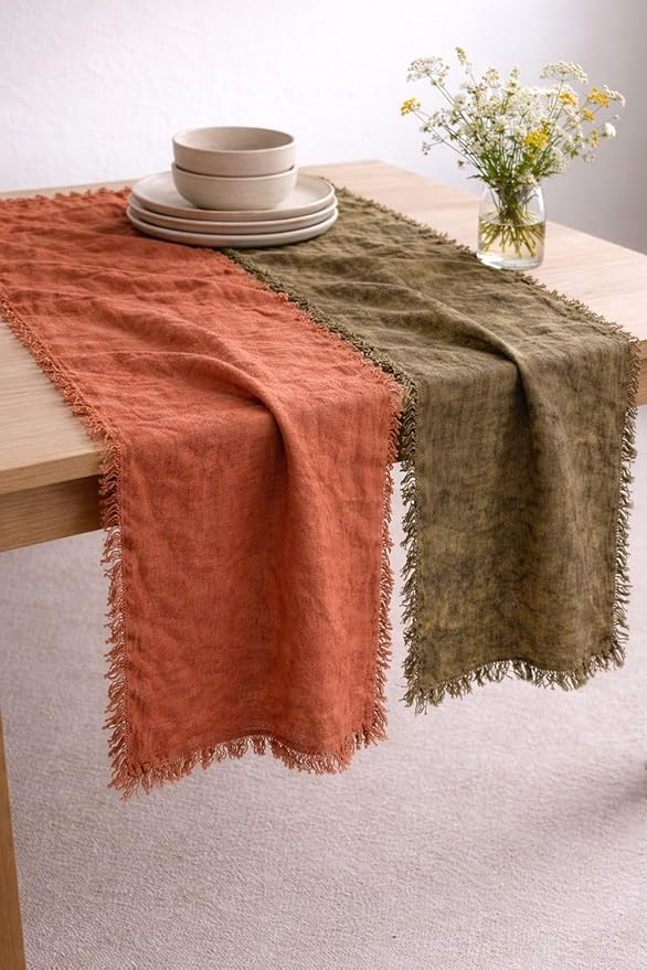 Table Runner , Linen, Moss Green Brown, Farmhouse Rustic Boho Style, for Dining Table, Kitchen, and Coffee Table Decor (Moss Green Brown, 14 x 66 Inch)