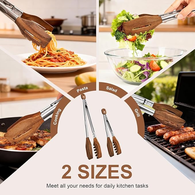 2 Pack 3-in-1 Wooden Tongs for Cooking(12", 15") Natural Walnut Wood kitchen Tongs, Nonstick Heat Resistant Cooking Tongs for Serving, Pasta, Salad, Grilling | Stainless Steel Non-Slip Grip, Pull Lock
