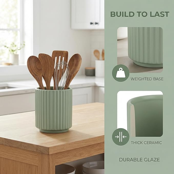 Small Utensil Holder for Kitchen Counter (H5.51” x W4.92”) Ceramic Countertop Utensil Holder for Kitchen Utensils Crock for Countertop Includes Silicone Drying Mat Light Cadetblue