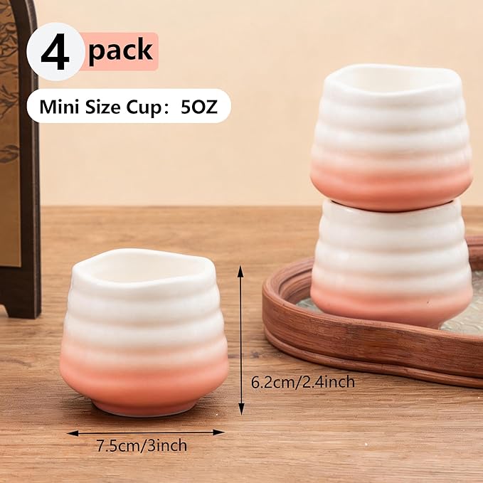 4pcs Japanese Tea Cup Set – Mini Size Cup 5OZ Ceramic Matcha Cup, Handless Espresso Cups, Cute Small Porcelain Coffee Mugs for Coffee Tea Lovers, Dishwasher & Microwave Safe (pink)