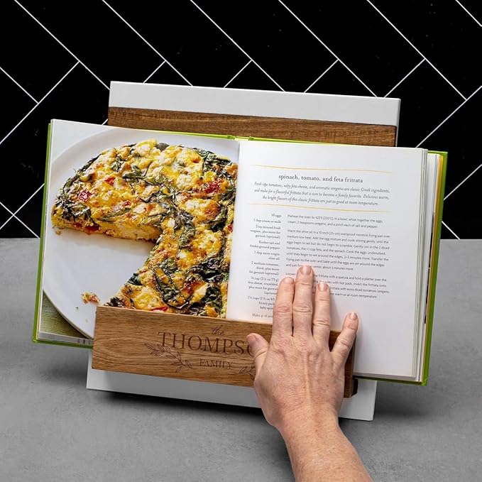 Personalized Cookbook Stand – Custom Engraved Acacia Wood & White Marble Recipe Book Holder with Weighted Base – Rustic Design, Tablet & Cookbook Stand for Kitchen Counter, 12 × 11 × 7.5 