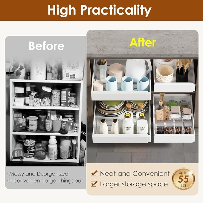 1 Pack Expandable Pull Out Cabinet Organizer 16.5" Deep, Adjustable Width 12.6"-20.5", No Drill Adhesive with Triple Track Rails, Heavy Duty Slide Out Drawers for Kitchen,Pantry,Cabinets,White