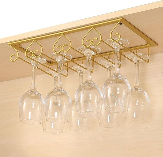 Wine Glass Rack Under Cabinet, Metal Wine Glasses Holders, Hanger Storage Organizer Hanging Glass, fit for Bar Kitchen 4 Rows(Gold)