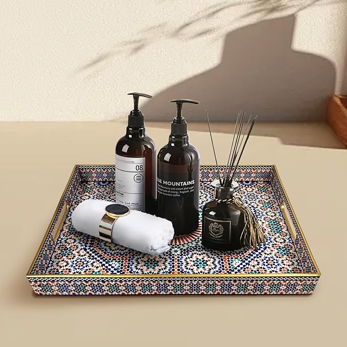 Plastic Coffee Trays,Serving Tray,Bohemian Blue Tray,15.7" L x 11.8" W x 1.57" H,Lightweight and Non-Slip with Handles,Perfect for Restaurants,Cafés,and Home Use(Rectangle Bohemian Blue)