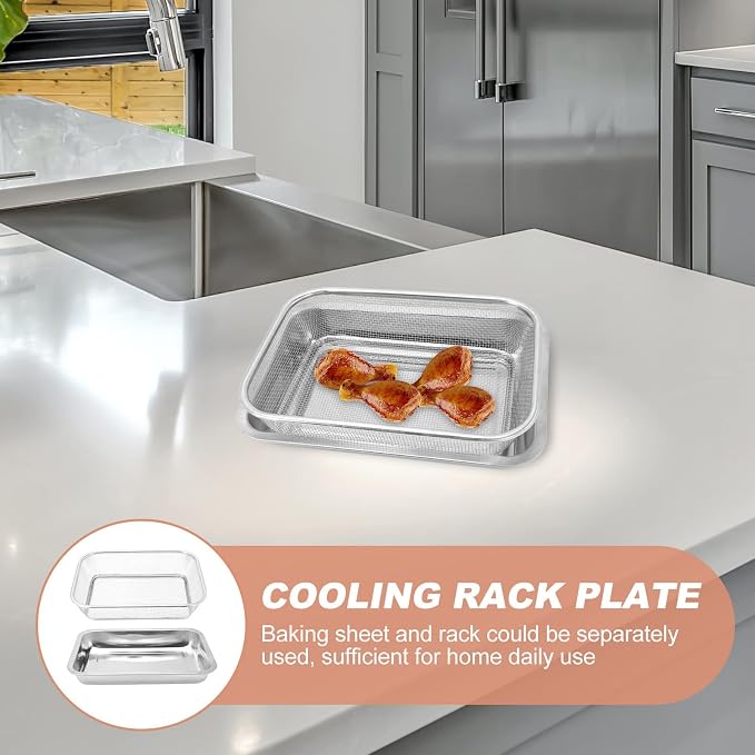 POPETPOP Stainless Steel Drain Oil Plate with Rectangular Baking Sheet and Removable Cooling Rack, Dishwasher Safe and Easy to Clean, for Kitchen Baking and Oil Draining