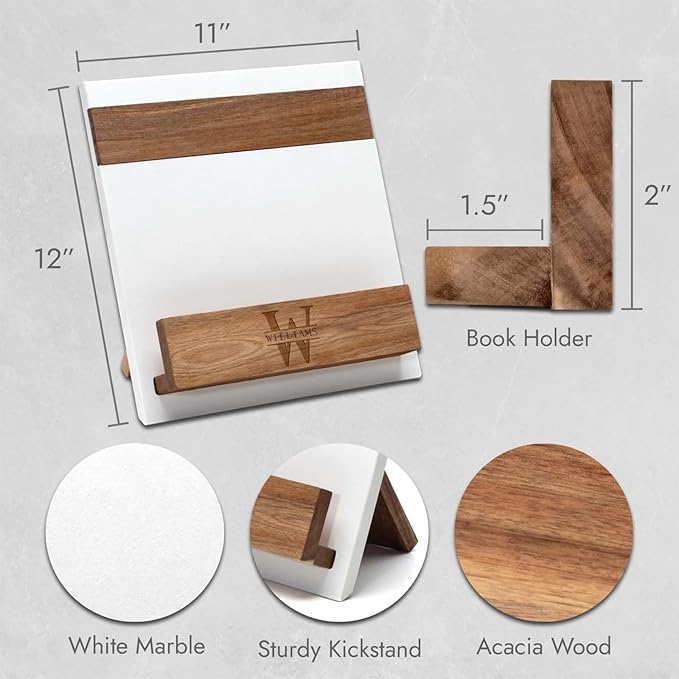 Personalized Cookbook Stand – Custom Engraved Acacia Wood & White Marble Recipe Book Holder with Weighted Base – Rustic Design, Tablet & Cookbook Stand for Kitchen Counter, 12 × 11 × 7.5 