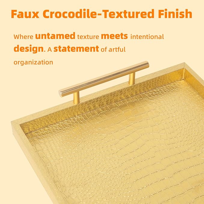 Set of 2 Modern Elegant Large Wood Serving Tray, Rectangle Decorative Tray Ottoman Tay Coffee Table Tray, Gold Crocodile Leather with Gold Polished Metal Handles