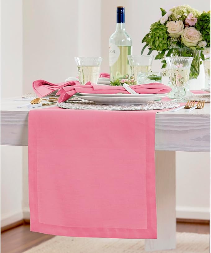 Solino Home Linen Pink Carnation Table Runner 48 Inches - 100% Pure Linen Short Table Runner 14 x 48 Inch Ideal for Dresser and Coffee Tables, Spring, Summer - Fete