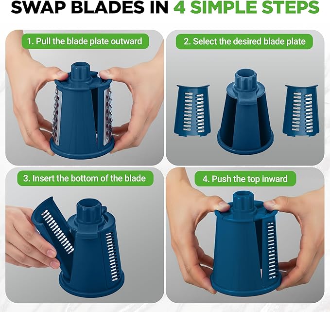 NutriChef 5 in 1 Cheese Grater & Shredder | 5 Different Blades for Thin, Thick, Julienne Strips, Wavy, & Straight Strips | Includes Hand Crank, Strong Suction Base & Storage Container | Blue