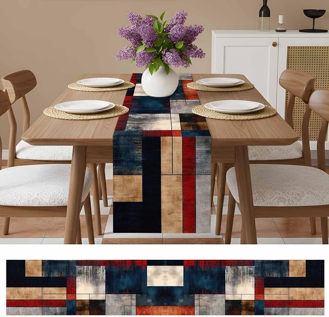 Vintage Geometric Table Runner - 120 Inch Long Modern Abstract Aesthetics Cotton and Linen Blended Dress Scarves Farmhouse Table Runner for Kitchen Dining, Coffee Table, 13" x 120"