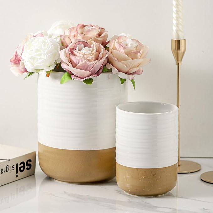 HASENSE Ceramic Utensil Holder for Counter, 7.4"+5.5" Large Kitchen Utensil Organizer for Kitchen Utensil, White Cooking Utensil Crock to Hold Spatulas, Farmhouse Decor, Set of 2