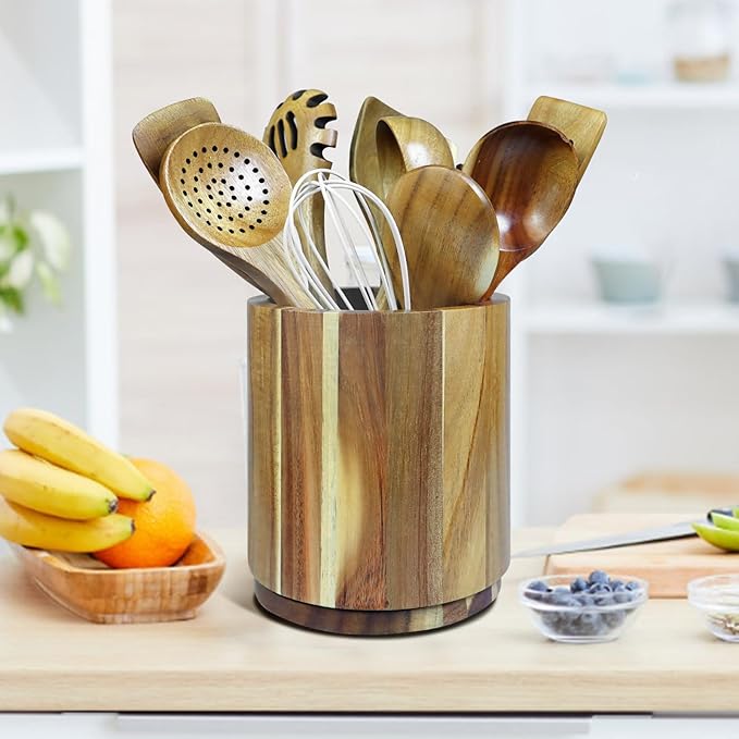 Acacia Wooden Utensil Holder for Kitchen Counter,360° Rotating 6.9" Wooden Cooking Utensil Crock for Countertop,Non-Slip Large Utensils Holders