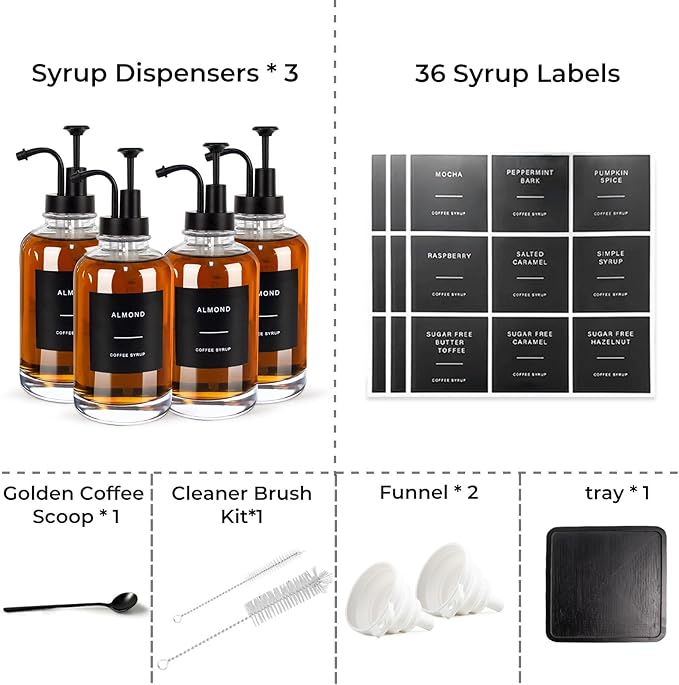 Coffee Syrup Dispenser for Coffee Bar, Set of 4 Simple Glass Syrup Bottle w. Pump and Labels, 16.9 oz 500ml Syrup Pump Dispenser, Syrup Dispenser w. Tray & Coffee Scoop