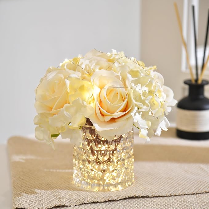 Rose Silk Flower Arrangement Artificial Vivid Rose in Glass Vase with LED Light Elegant Centerpiece for Home Wedding Bathroom Table Shelf Decoration (Champagne)