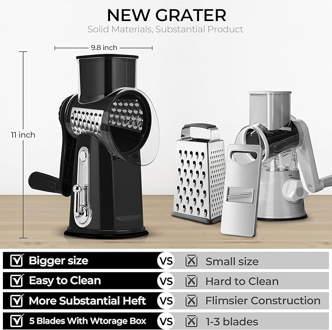 SUSTEAS Rotary Cheese Grater with Handle - Vegetable Shredder with 5 Well-designed Blades & Strong Suction Base,Round Mandoline Slicer & Food Chopper for Kitchen,with Blade Storage Box(Black)