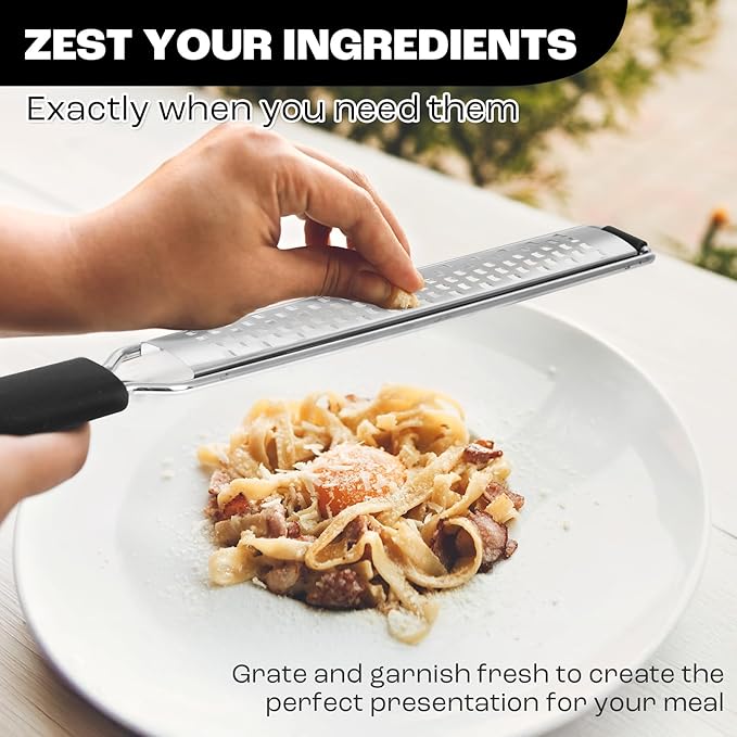 Zester Grater with Protective Cover – Fine Stainless Steel Lemon Zester cheese shredder for Kitchen, Ideal for parmesan, Garlic, Nutmeg, Chocolate, Fruits, Vegetables – Black