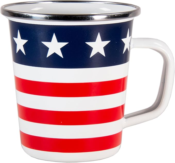 Golden Rabbit Enamelware Latte Coffee or Tea Mugs, 16 ounce, Stars & Stripes, Set of 4