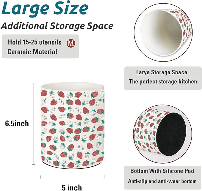 Strawberry Kitchen Decor, Ceramic Utensil Holder Strawberry Decor, 6.5 Inch Farmhouse Indoor Kitchen Decorative Utensil Rack For Spoon Storage And Cooking Tools