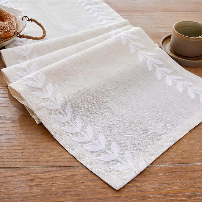 Wracra Embroidered Table Runner Irregular Willow Leaf Table Runners 60 Inches Long for Dresser Home Dining Table Decor,14 x 60 Inch, White