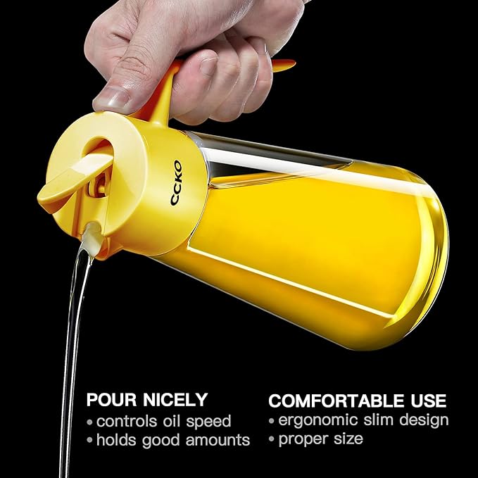 CCKO Olive Oil Dispenser Bottle 19oz Glass Oil Bottle for Kitchen Cooking,Auto Flip Drip Free Cooking Oil Dispenser,Suitable for Soy Sauce,Syrup,Vinegar,Salad Dressing Container (Yellow)