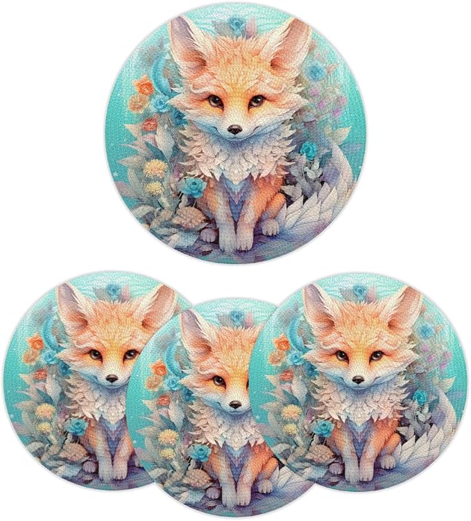 Round Placemats Set of 4, Watercolor Cute Animal Fox Flowers Woven Placemats Mats Non-Slip Heat Resistant Washable Table Mats Round Braided Place for Farmhouse Kitchen Dining Party Decor 15in