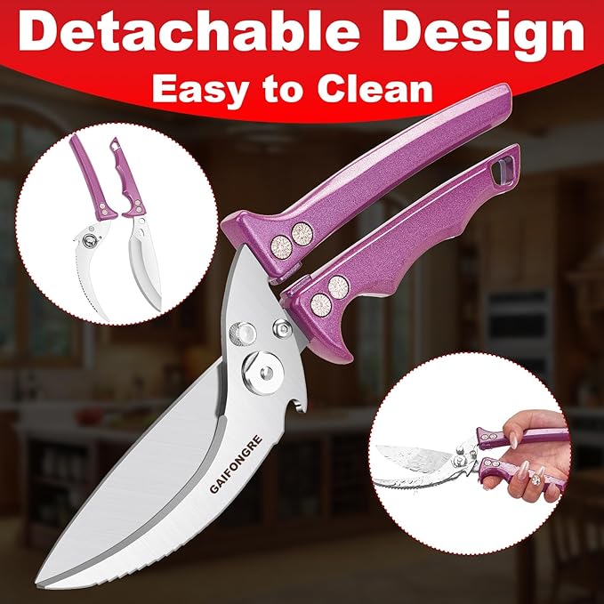 Heavy Duty Poultry Shears - Kitchen Scissors All Purpose, Chicken & Fish Shears, Easily Separable, Dishwasher Safe (Purple)