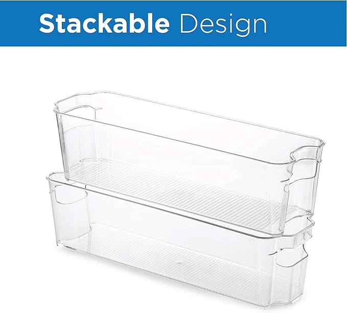 Set Of 6 Refrigerator Organizer Bins - Stackable Fridge Organizers for Freezer, Kitchen, Countertops, Cabinets - Clear Plastic Pantry Storage Racks