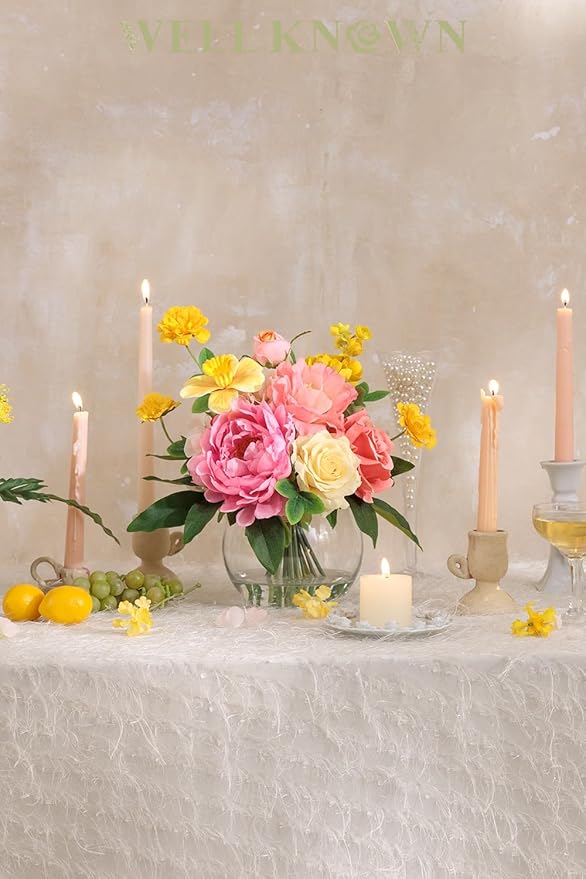 Artificial Flowers Centerpieces in Glass Vase with Fake Water, Silk Rose Peony & Daffodil Bouquet with Vase for Birthday Party Wedding Dinning Table Office Hotel Decor Gift (Yellow, Coral & Hot Pink)