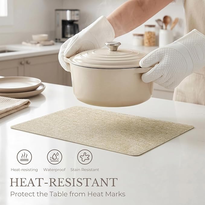 Romanstile Vinyl Placemats Set of 6-12 X 17 Inch - Faux Leather 100% Waterproof Wipeable Anti Slip Place Mats, Heat Resistant Reversible PU Table Mats for Kitchen Dining Party Outdoor, Beige