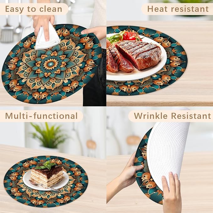 Round Placemats Set of 4, Ethnic Floral Mandala Flowers Pattern Woven Placemats Mats Non-Slip Heat Resistant Washable Table Mats Round Braided Place for Farmhouse Kitchen Dining Party Decor 15in